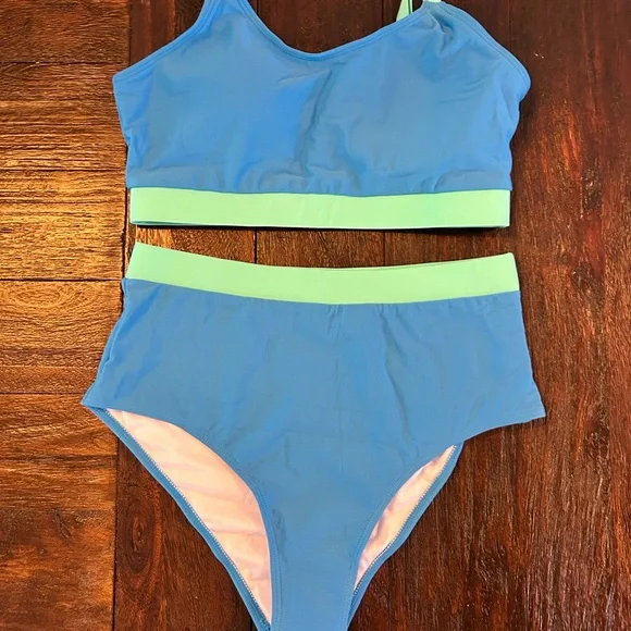 High Waisted Sporty Scoop Neck Bikini- Blue/Teal - Picture 3 of 9